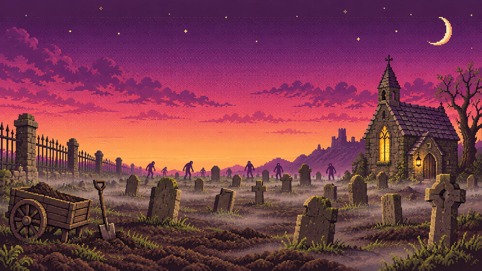 Pixel-art graveyard at dusk: rows of weathered headstones, a lantern-lit chapel and a wheelbarrow beside a misty plot under a purple-magenta sky.