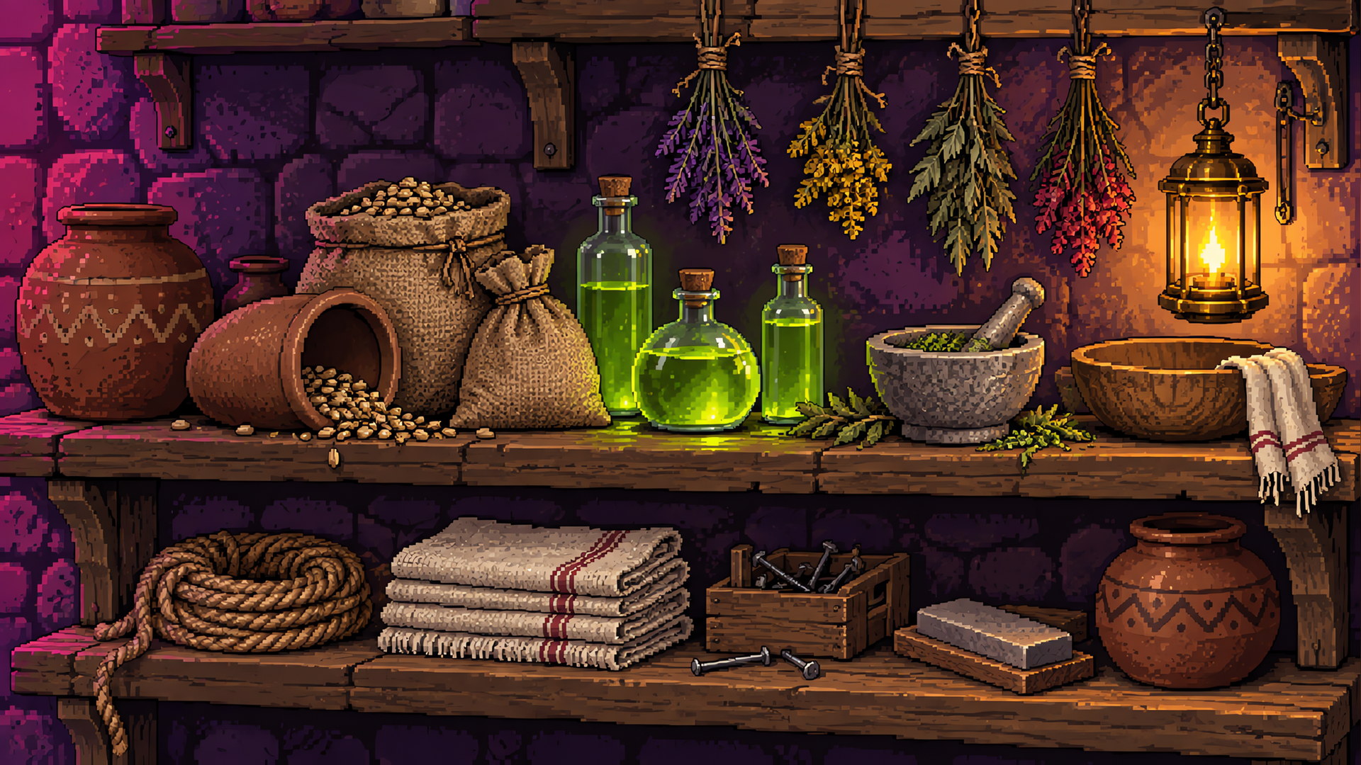 Illustration of cluttered apothecary shelves holding clay pots, grain sacks, glowing green potion bottles, a mortar and hanging dried herbs.