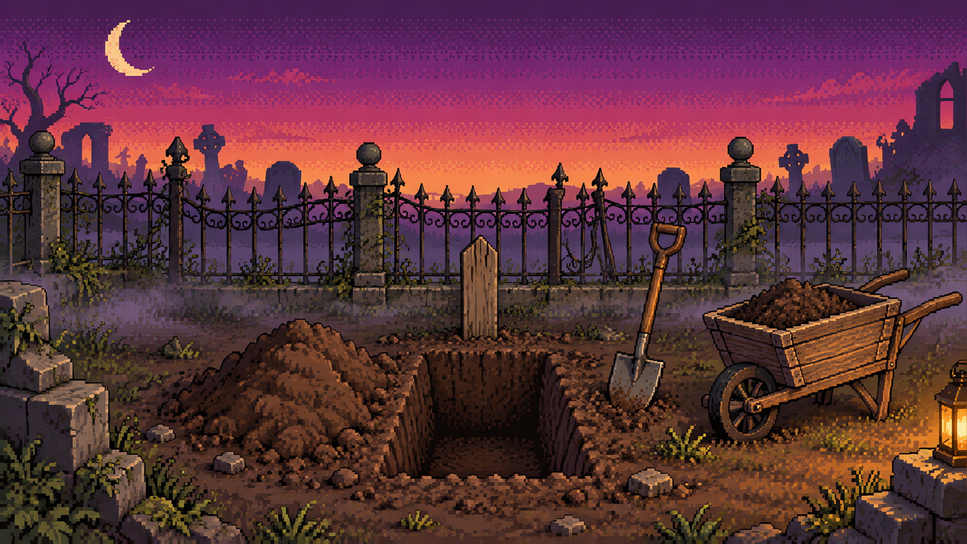 Illustration of a freshly dug grave plot with a wooden marker, a shovel and a wheelbarrow beside an iron cemetery fence at dusk.