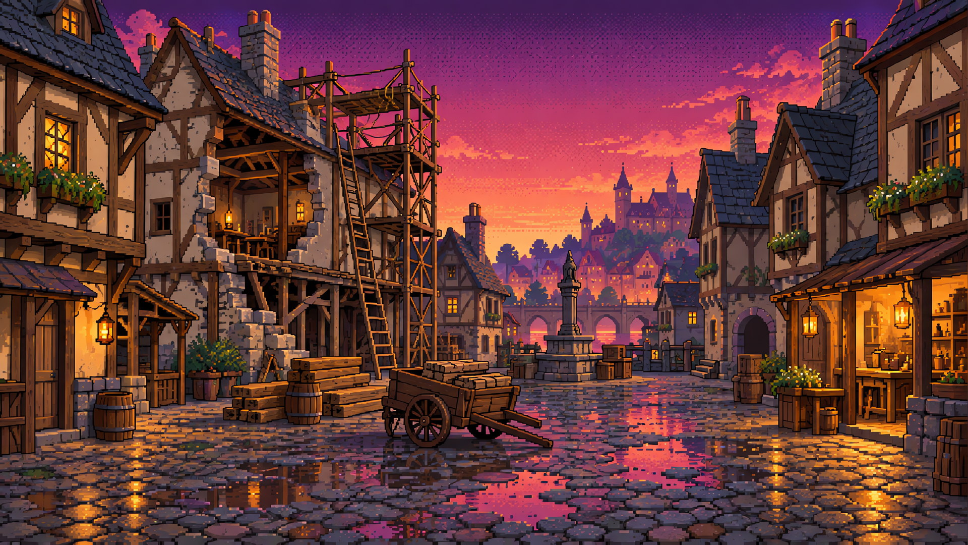 Illustration of a half-rebuilt medieval town square at dusk with scaffolding, lit shop windows and wet cobbles.