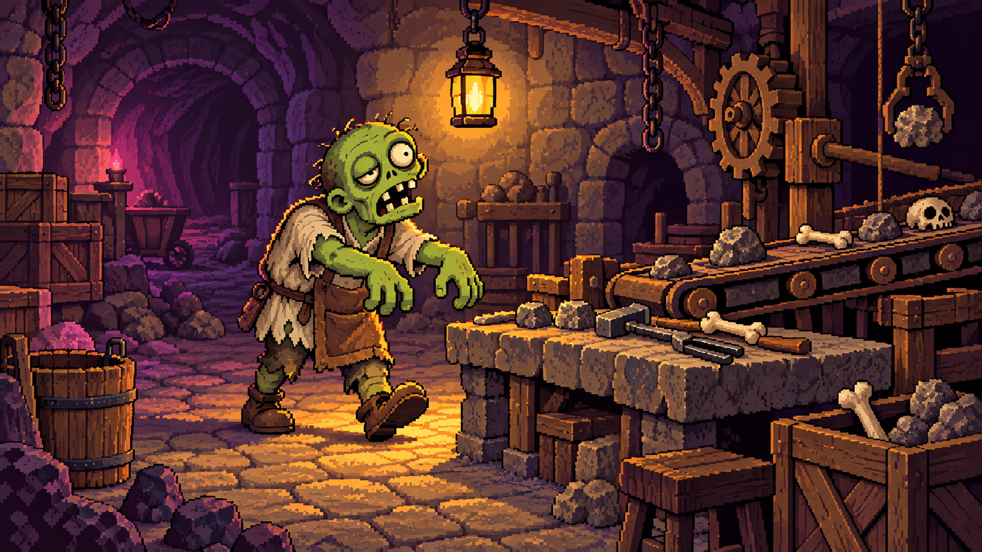 Illustration of a green-skinned zombie in a work apron beside a stone workbench and conveyor belt in a lantern-lit underground workshop.