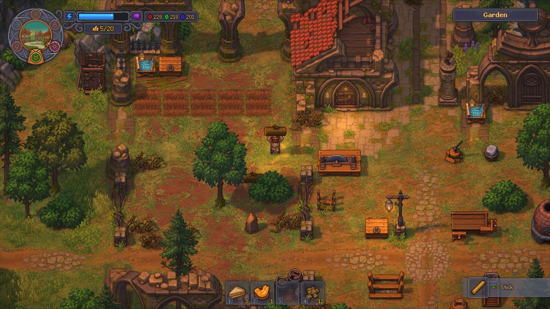 Graveyard Keeper 2 screenshot: the Garden, with the Keeper carrying a log past raised beds, crafting stations and stacked resources.
