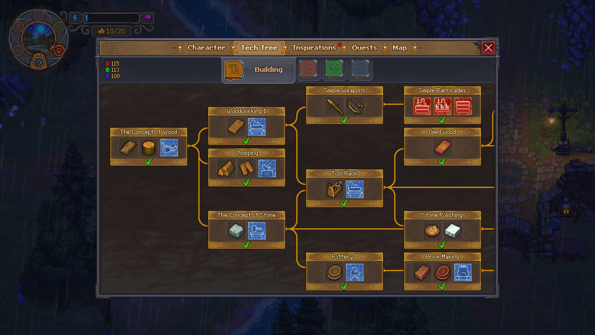 Graveyard Keeper 2 screenshot: the Building branch of the Tech Tree open over a forest settlement.