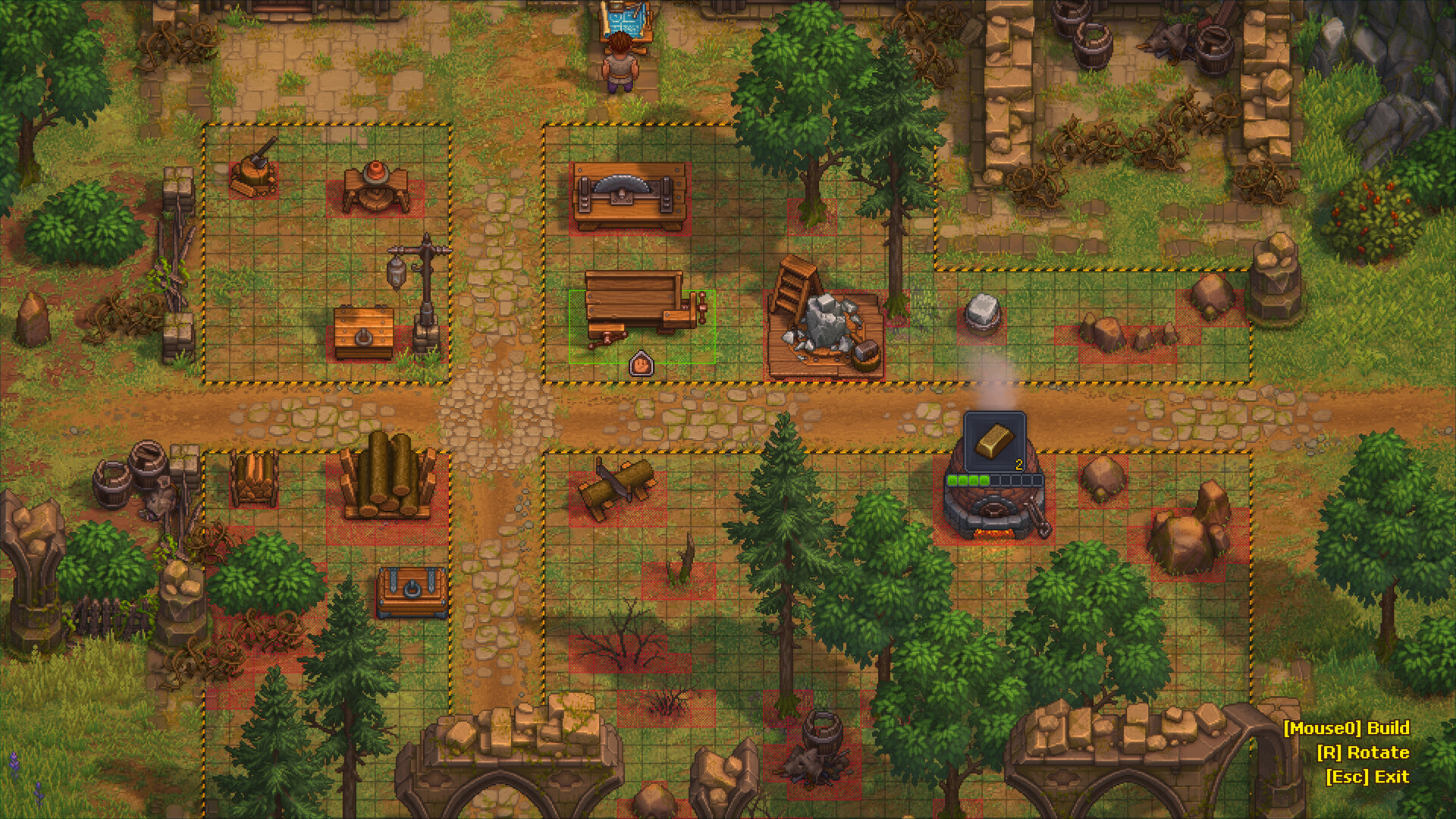 Graveyard Keeper 2 screenshot: build mode over a partly constructed settlement among forest and stone ruins.
