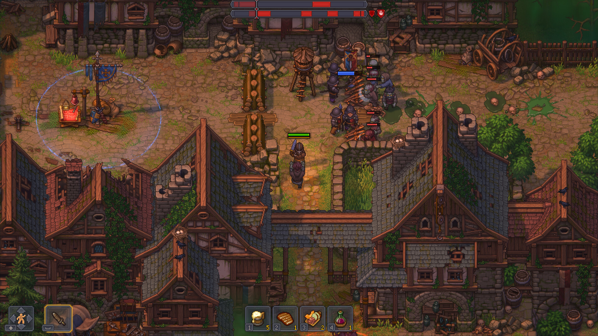 Graveyard Keeper 2: defenders and a healing outpost holding a village lane against an armoured attacking horde.