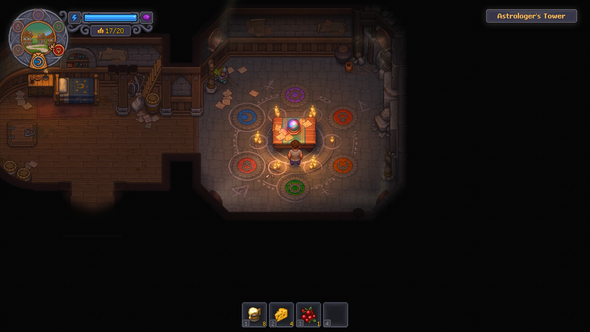 Graveyard Keeper 2 screenshot: inside the Astrologer's Tower, a candle-lit chamber with a glowing crystal orb on a central table.